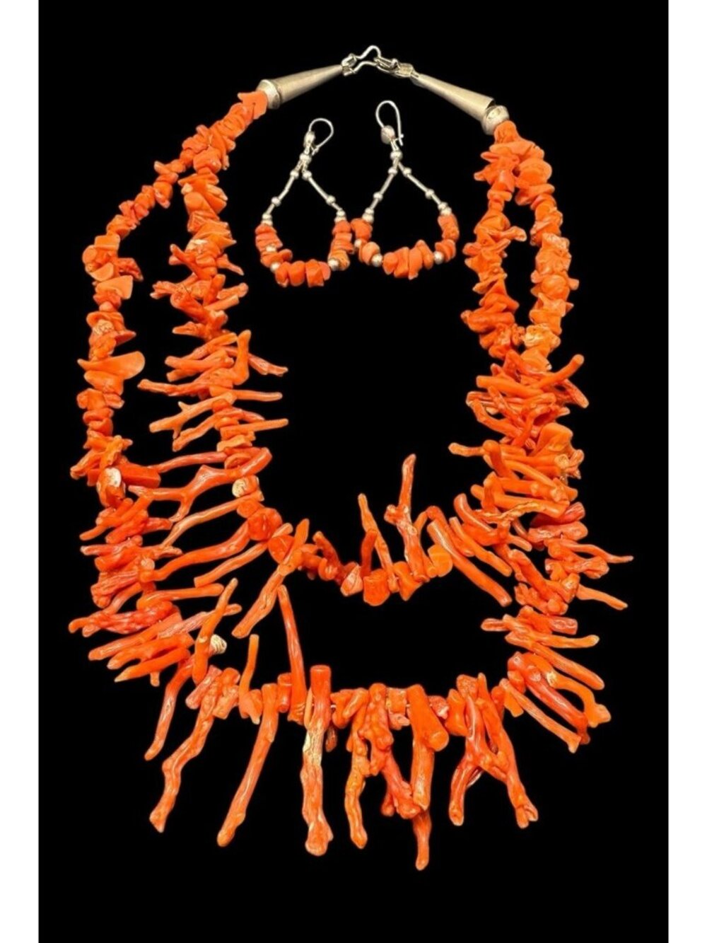 Navajo Sterling Silver Red Branch Coral Jewelry Set Necklace Dangle Earrings